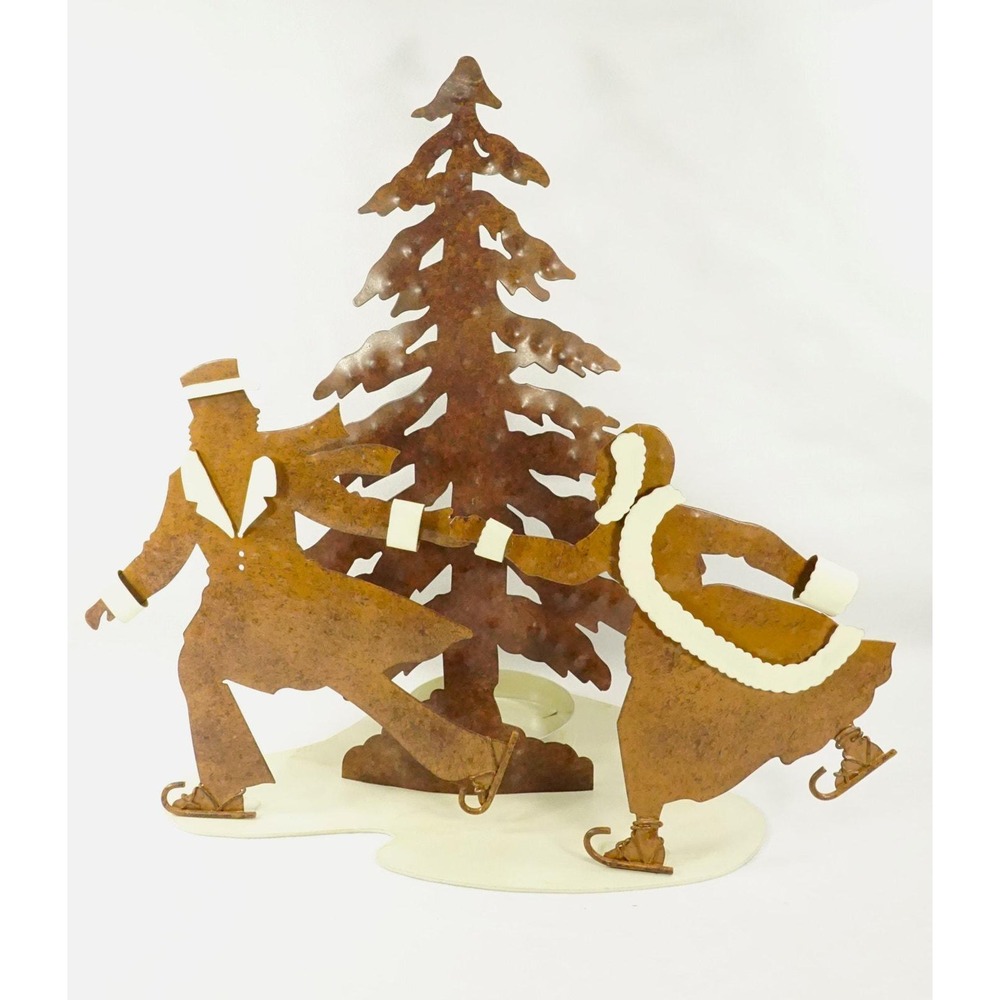 Rustic Metal Skating Couple Candle Holder w/ Rustic Tree and Metal Base 13" Tall
